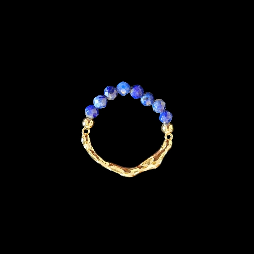 New 18k Gold Plated and Lapis Lazuli Stretch Beaded Women's Ring
